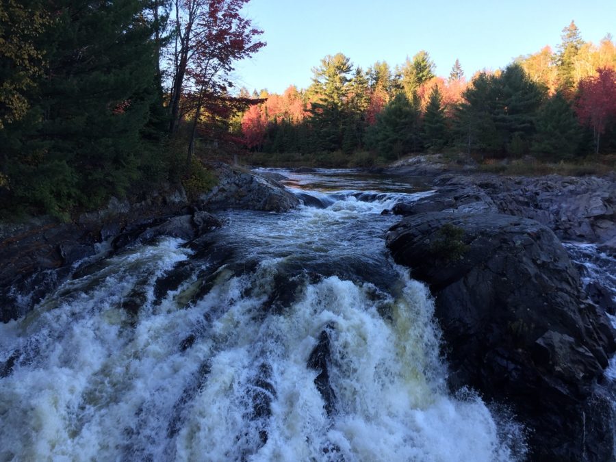 waterfalls at sunset, with trees in background