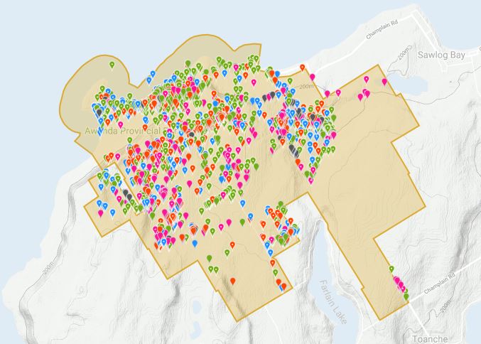 Screenshot of Awenda Provincial Park identification markers on the iNaturalist app.