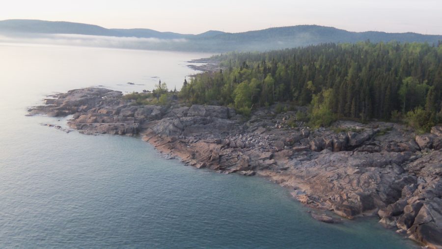 An aerial photo of Neys Provincial Park's shoreline.