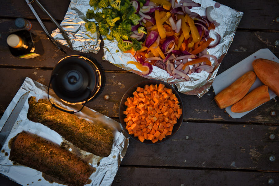 Ariel shot of prepping a meal at night