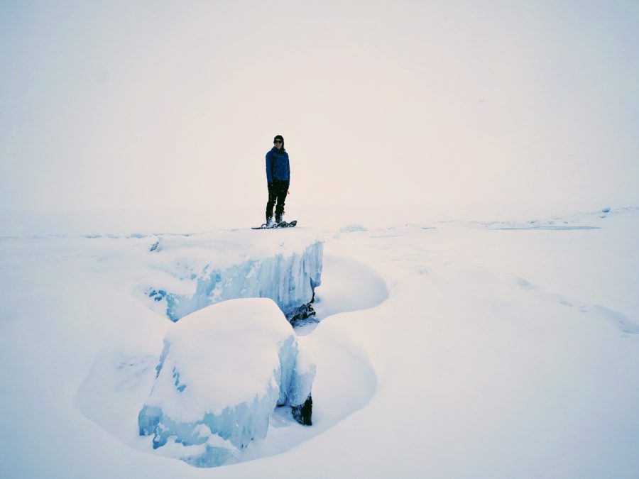 Snowshoeing on the ice at Sleeping Giant