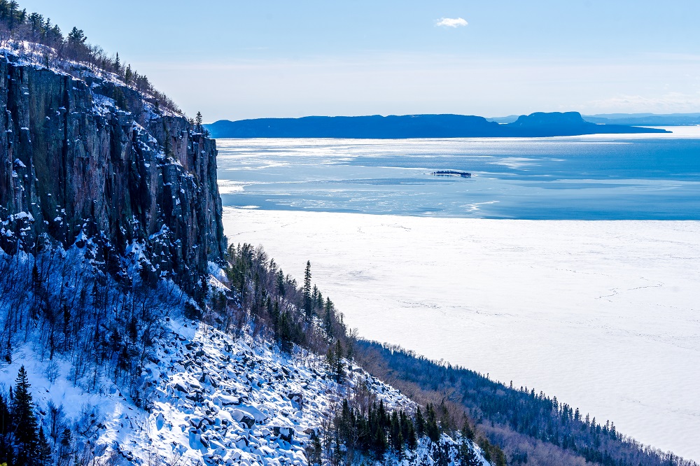 Rocky cliffs of Lake Superior covered in ice