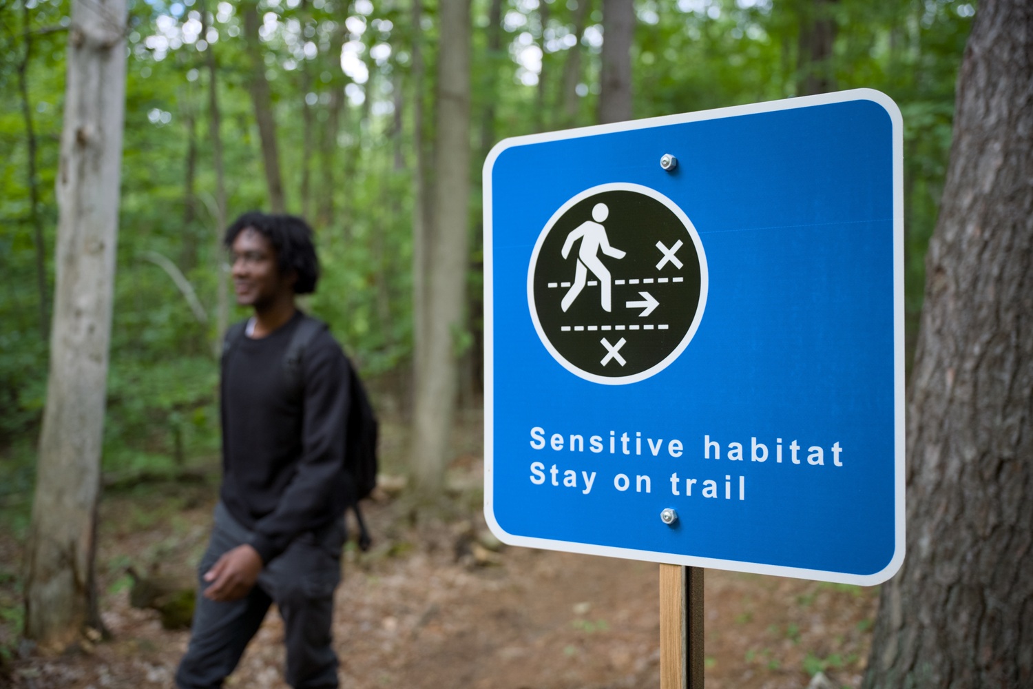 Trail sign that asks hikers to stay on trail due to sensitive ecosystems