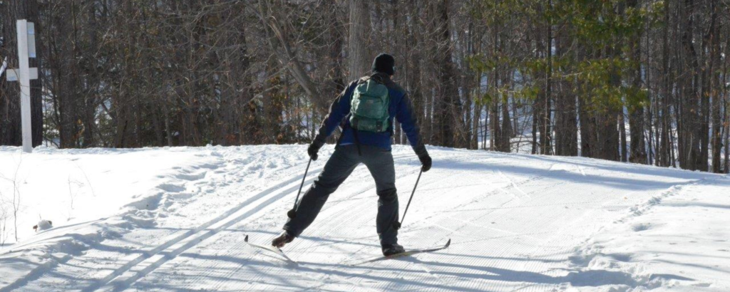 A person skate-skiing on a trail