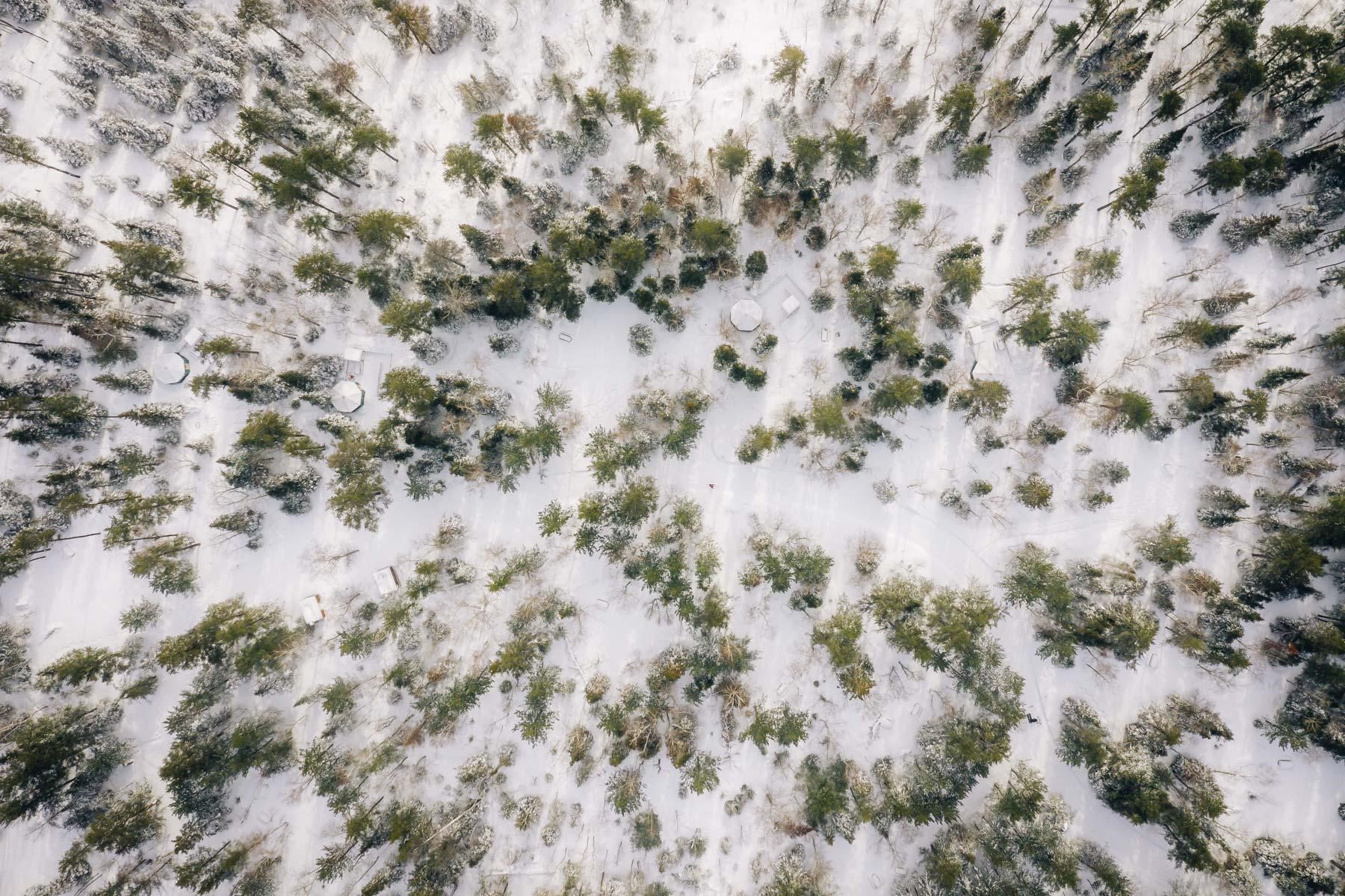 Aerial of the trail and yurts at Windy Lake