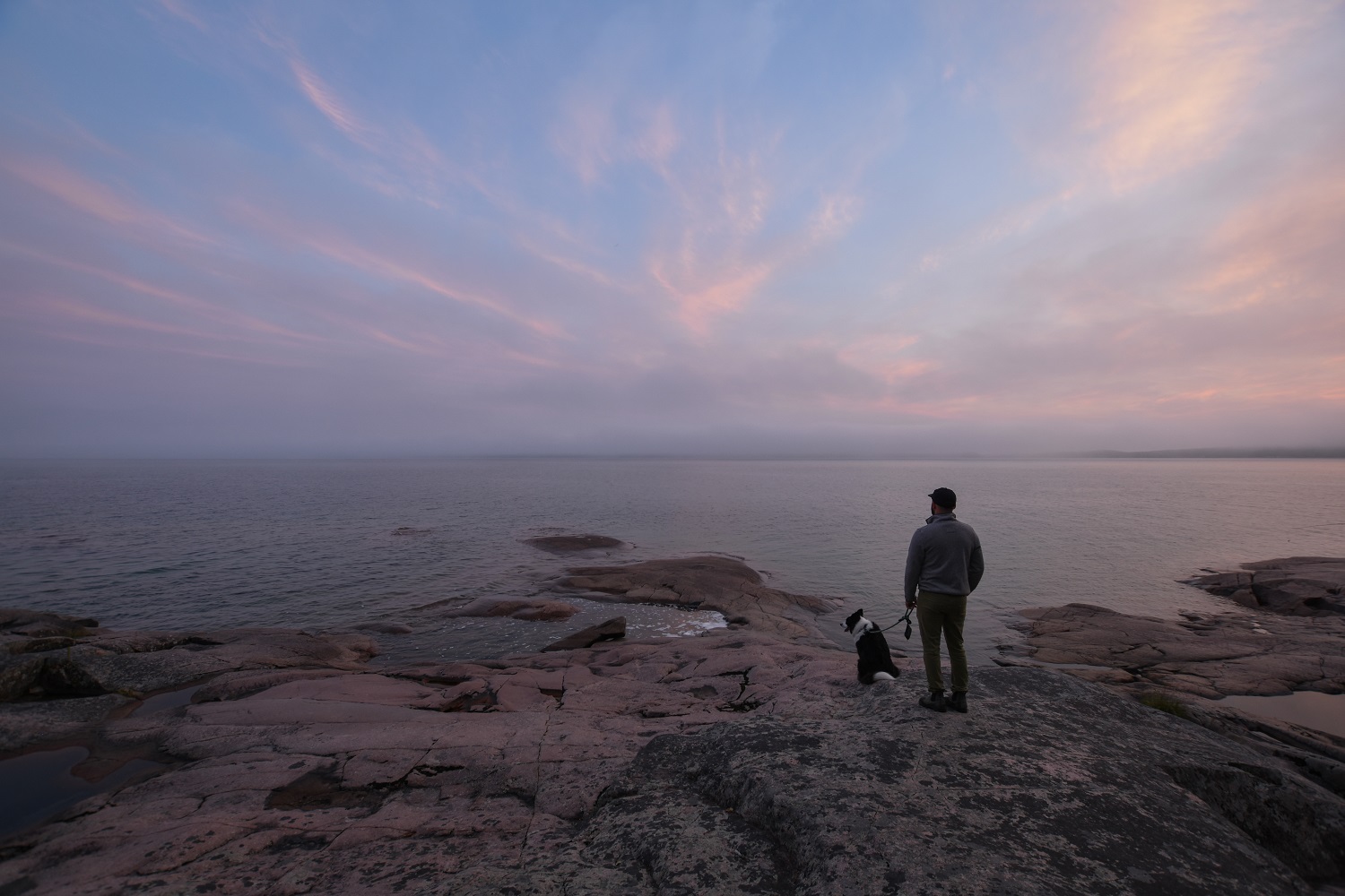 Person with dog on leash staring at a wispy-cloud sunset