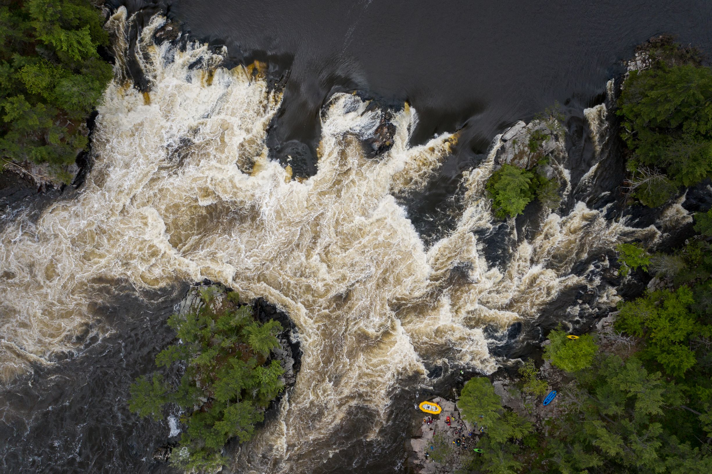 Aerial view of whitewater rafting