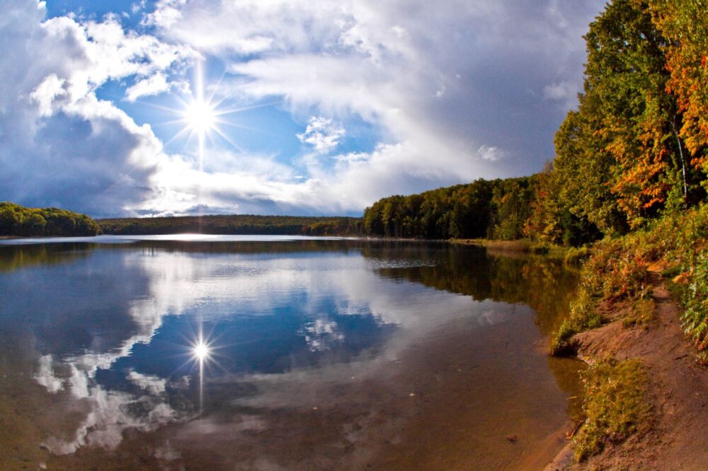 Scenic fall view of lakes and trees with changing colours