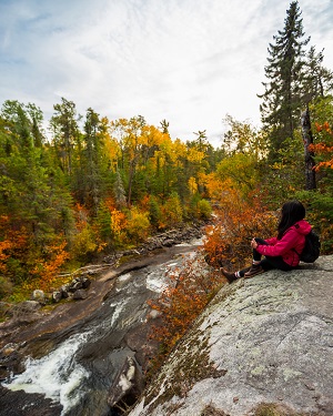 person sitting beside waterfall