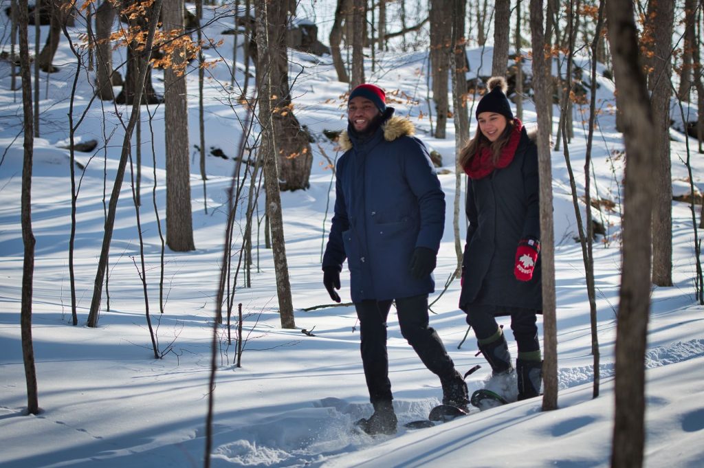 Two people snowshoeing through a forest