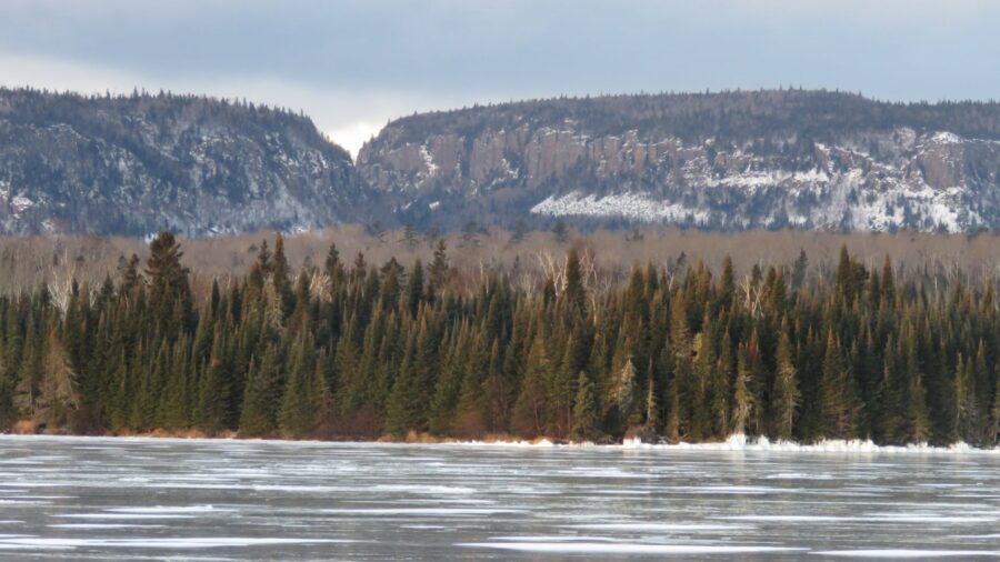 Winter view across frozen lake at Sleeping Giant provincial park