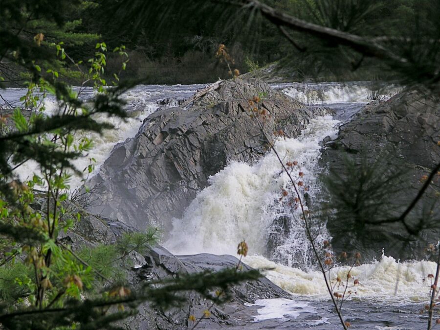 Waterfall in forest with ice accumulation