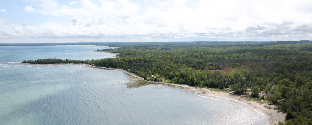 Aerial view of MacGregor Point Provincial Park's shoreline