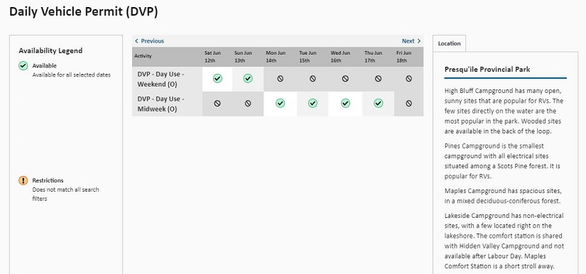 Availability calendar on reservation website