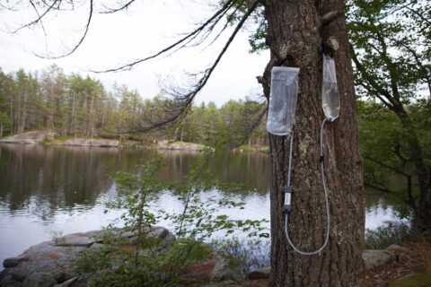 Gravity water filter in the backcountry.