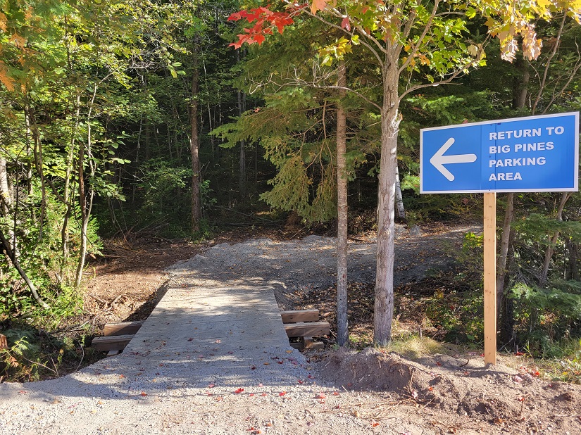 Trailhead and sign leading into forest.