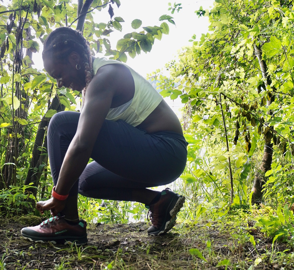 person in athletic gear crouched down