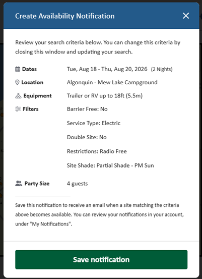 screencap of an availability notification page