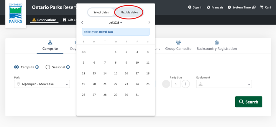 Screencap showing where to find the "flexible dates" toggle