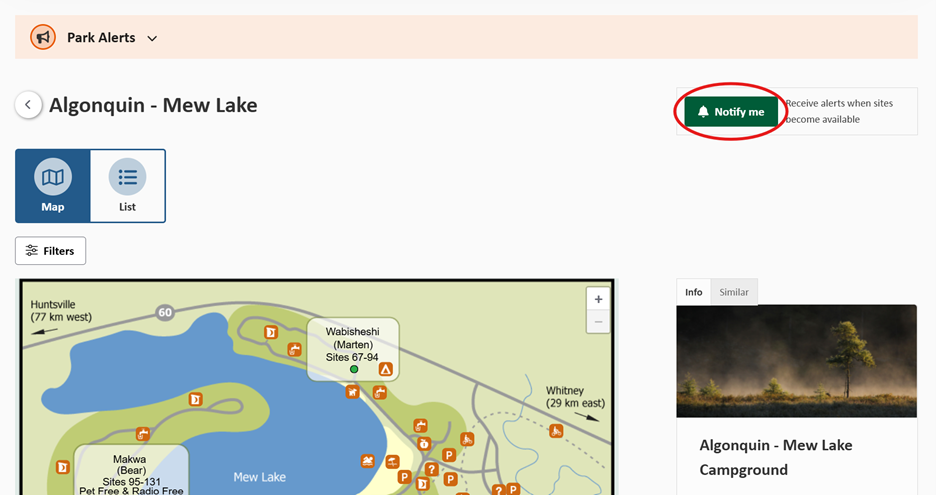 screencap of the reservations site with the "notify me" button circled