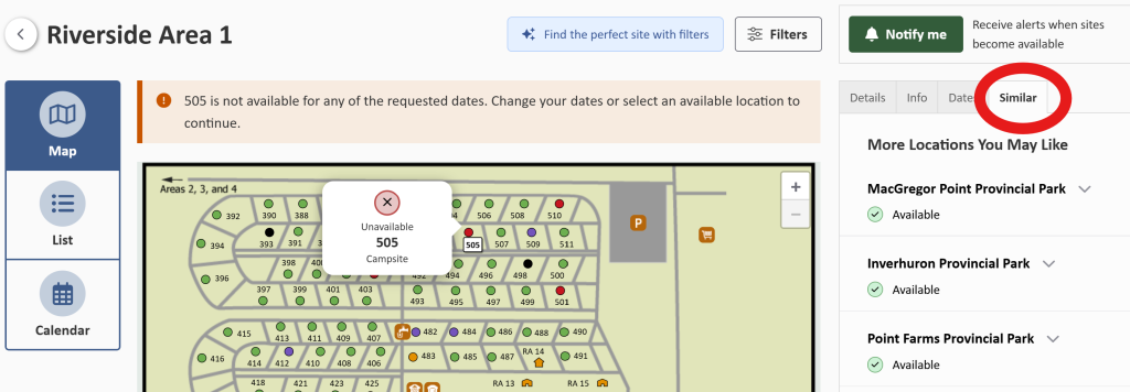 screencap of where to find the "similar" button on Ontario Parks' reservations website