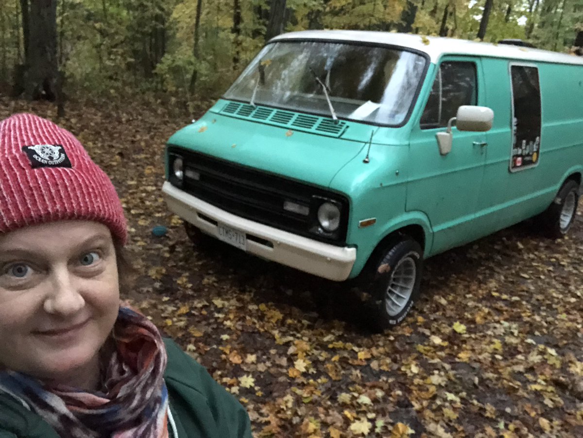 woman taking selfie with van in background