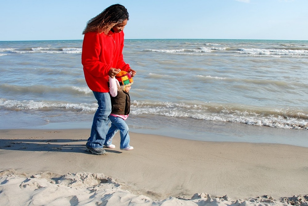 mother and child on beach