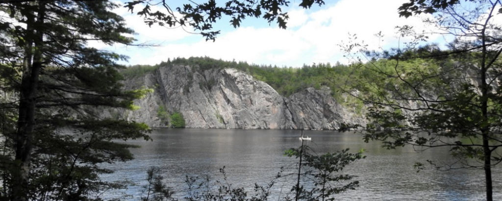 View through trees of a lake and a rocky cliff face