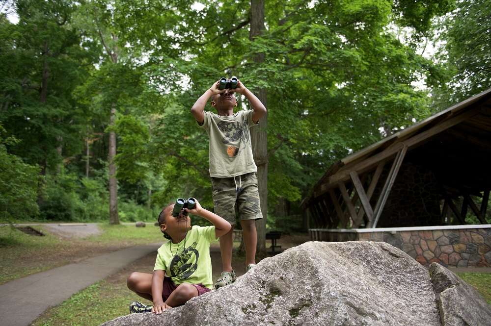 kids looking through binoculars