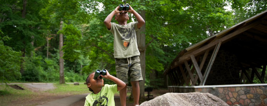 Two kids using binoculars near a picnic shelter in a park