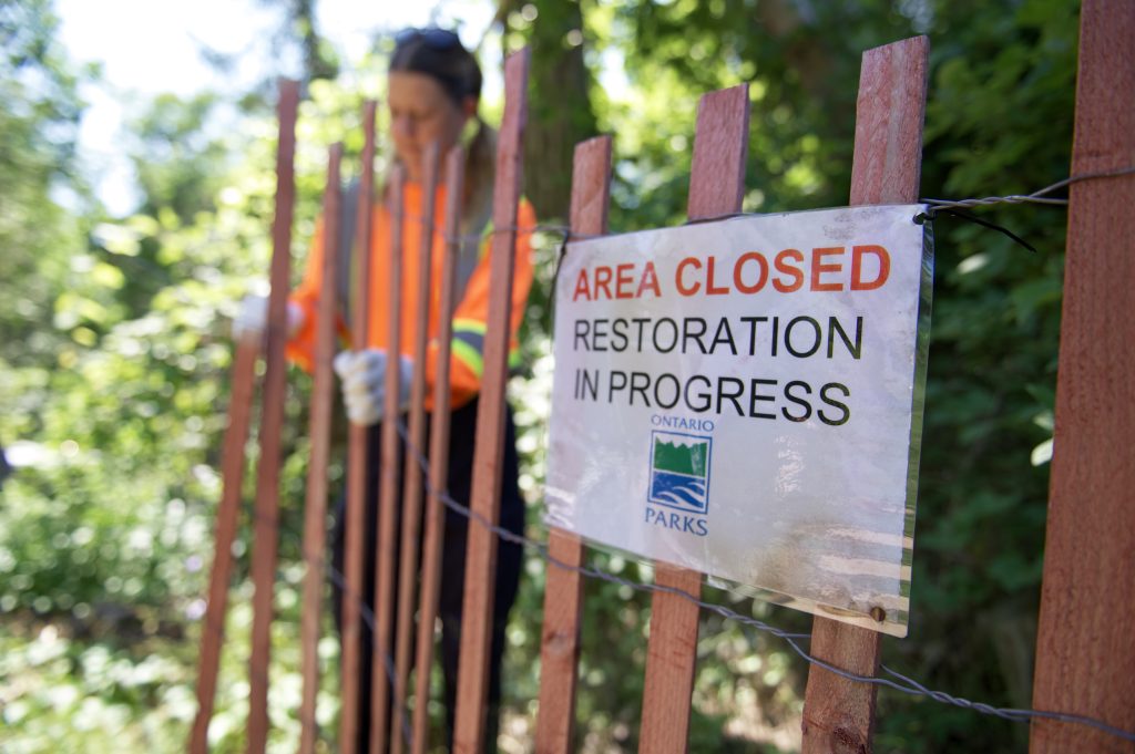 staff putting up fencing with sign reading: area closed. restoration in progress"