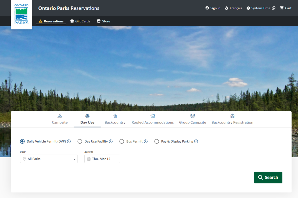 Ontario Parks reservations webpage