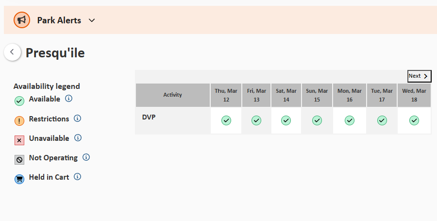 Presqu'ile Provincial Park's advance daily vehicle permit calendar