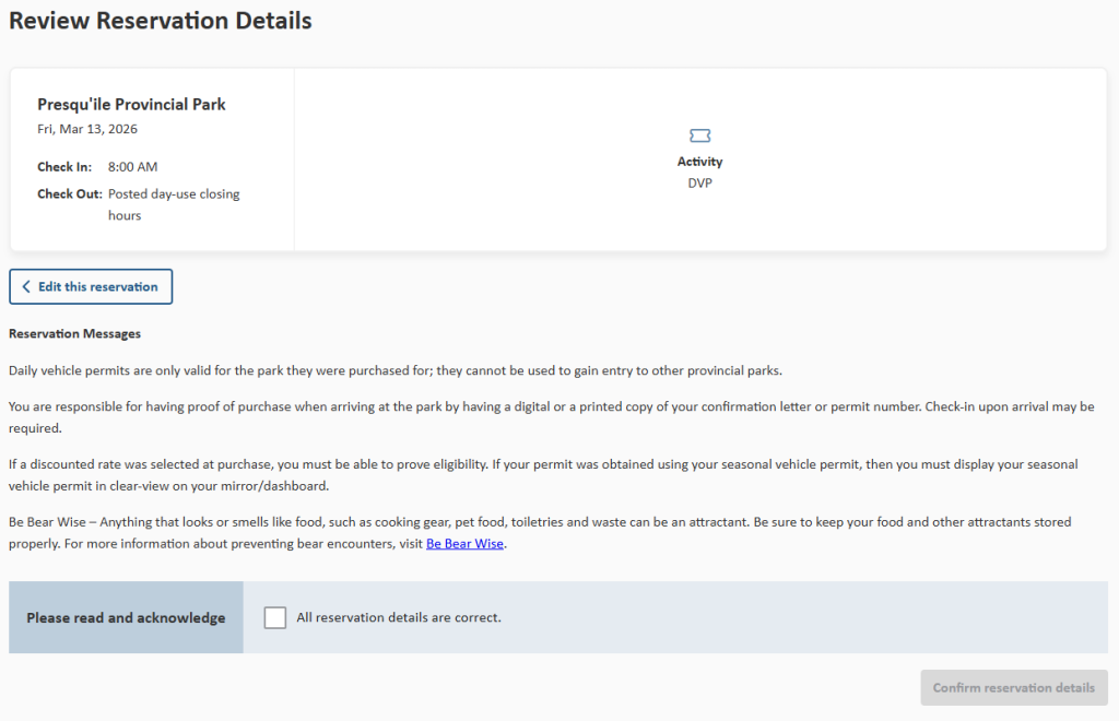 Reservations details screen