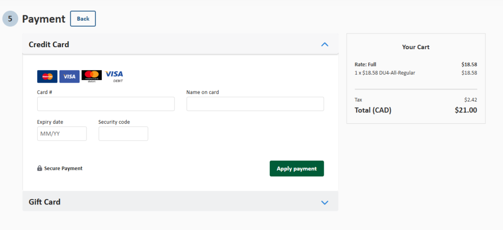 Payment screen of check out process