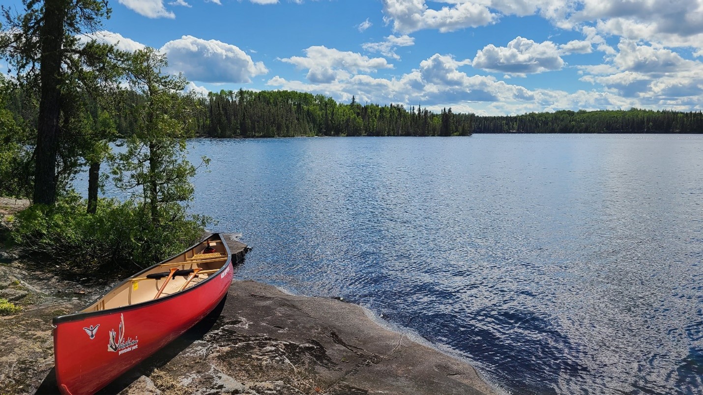 A red canoe at the water's edge in a forest on a sunny day