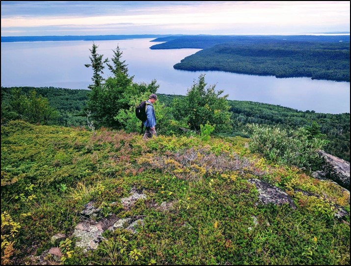 A person standing in a rocky area with low growing plants. In the distance, there is a large body of water surrounded by thick forest