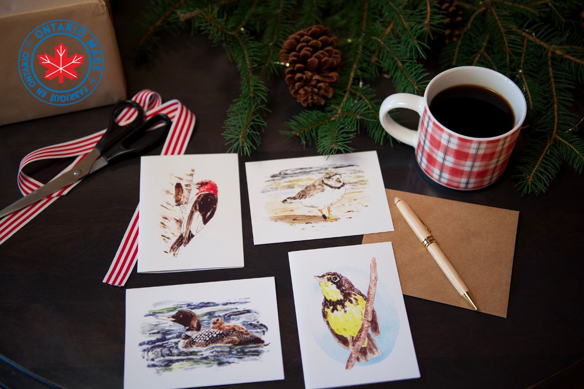 greeting cards with birds on them sitting on holiday writing desk