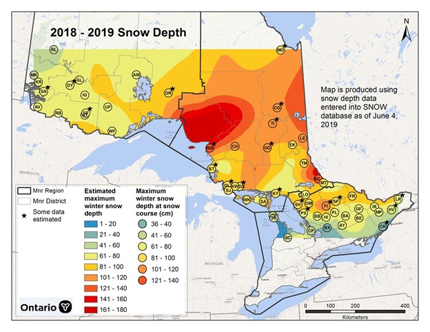 A heat map of Ontario showing snow depth in 2019, with the area north east of Lake Superior shaded red for the greatest cumulative snowfall.