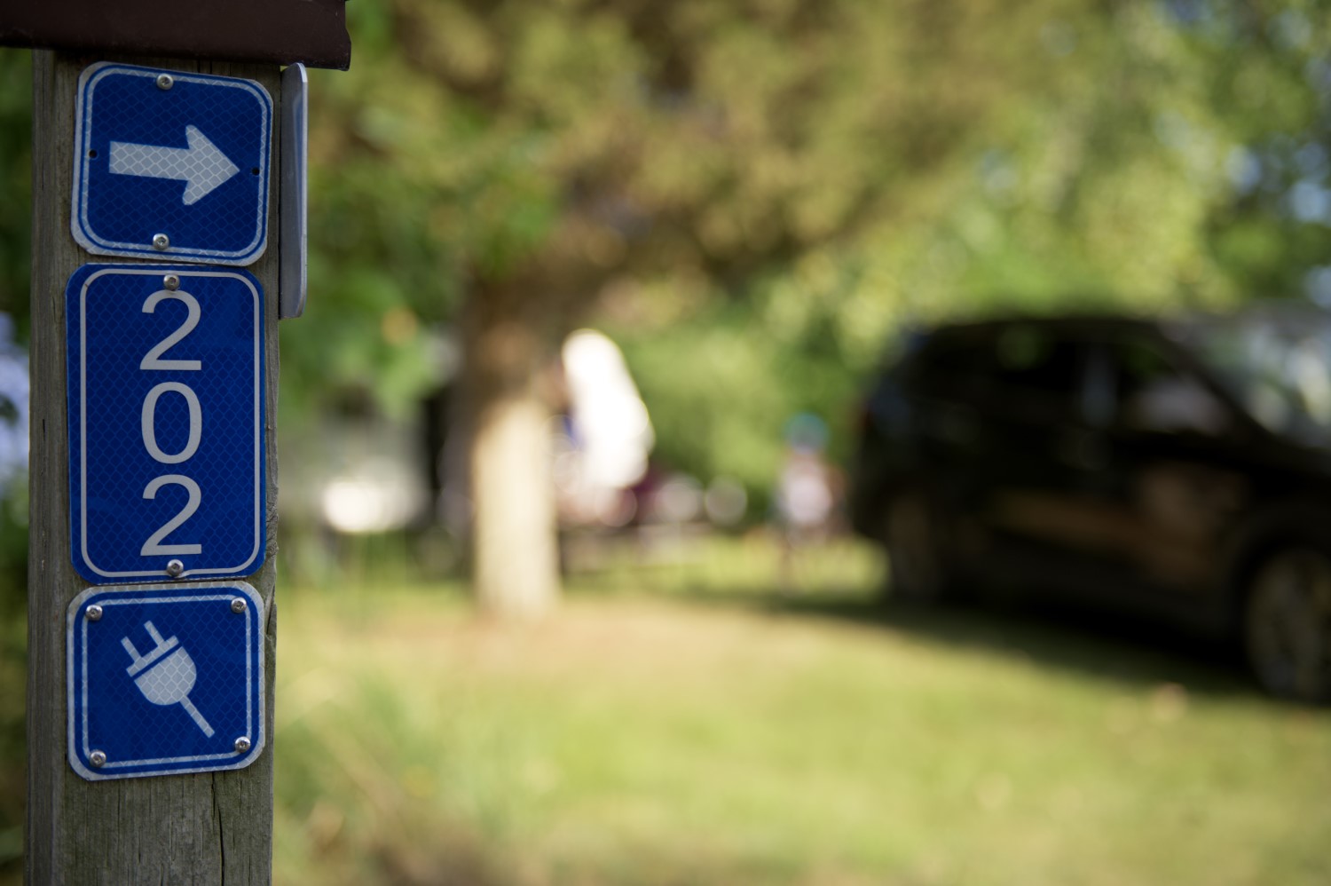 A wooden post with a campsite number and an icon signifying that this site has electricity. In the background, a van is parked under a tree