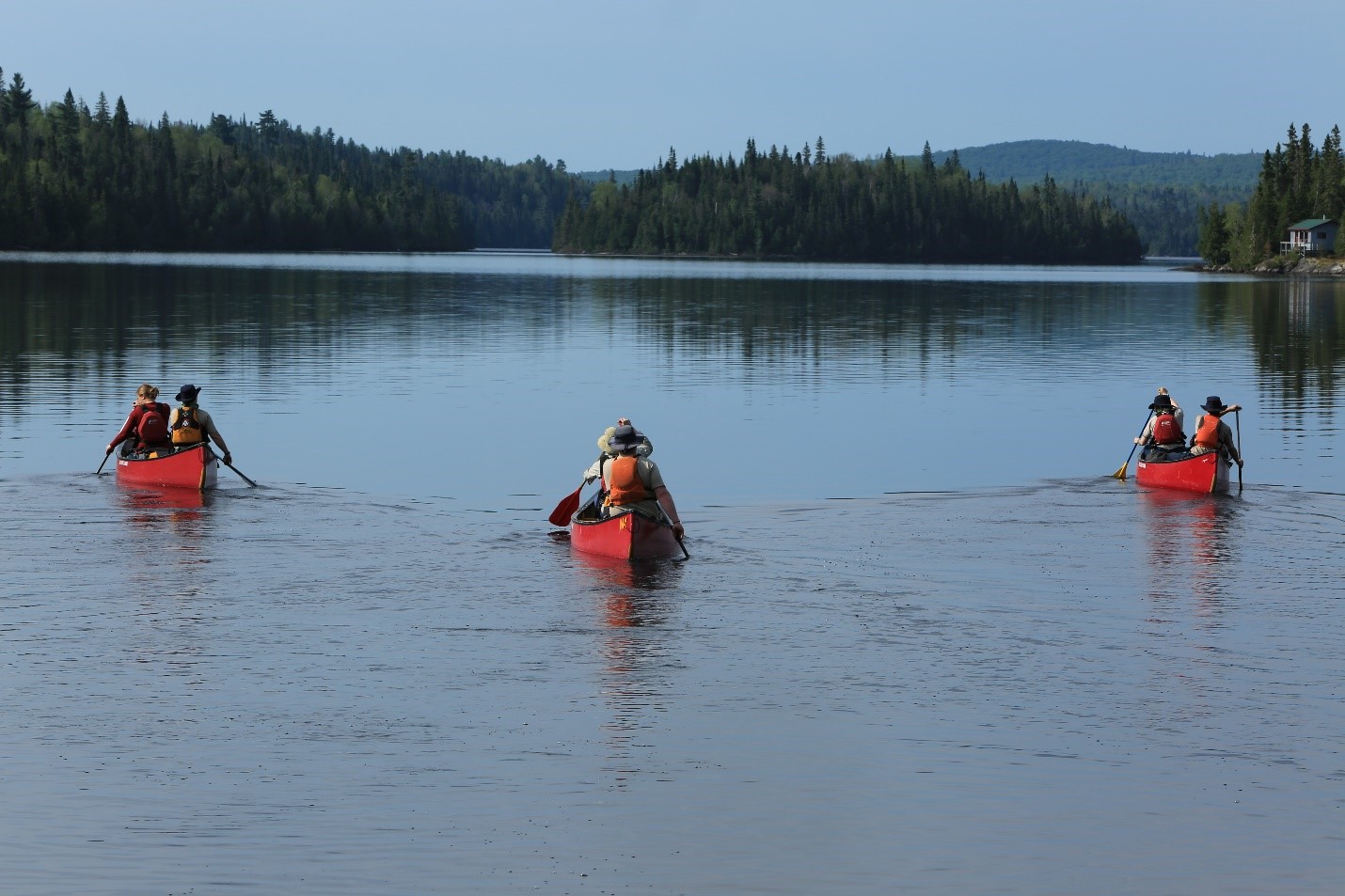 Three red canoes paddling away from the camera towards a distant tree-lined shore.