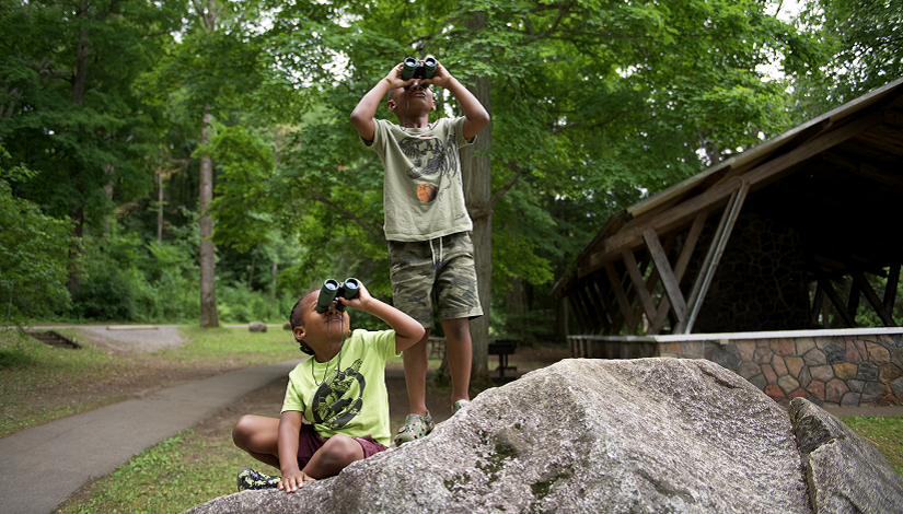 Two kids using binoculars near a picnic shelter in a park