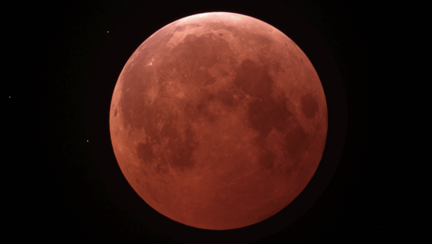 Blood red colour (from refracted (bent) sunlight) falling upon the Moon during the March 25, 2025 Total lunar eclipse