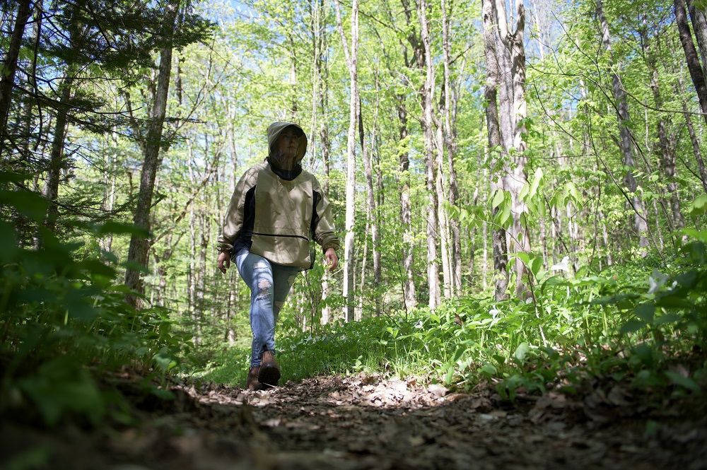 person hiking through forest wearing bug jacket