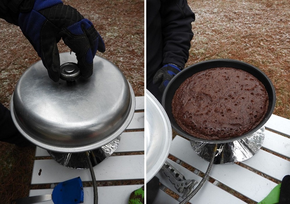 collage of pan, brownie in pan