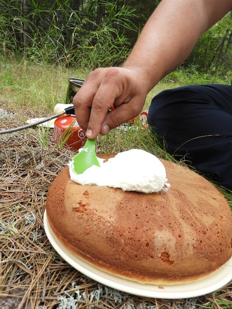 person putting icing on cake