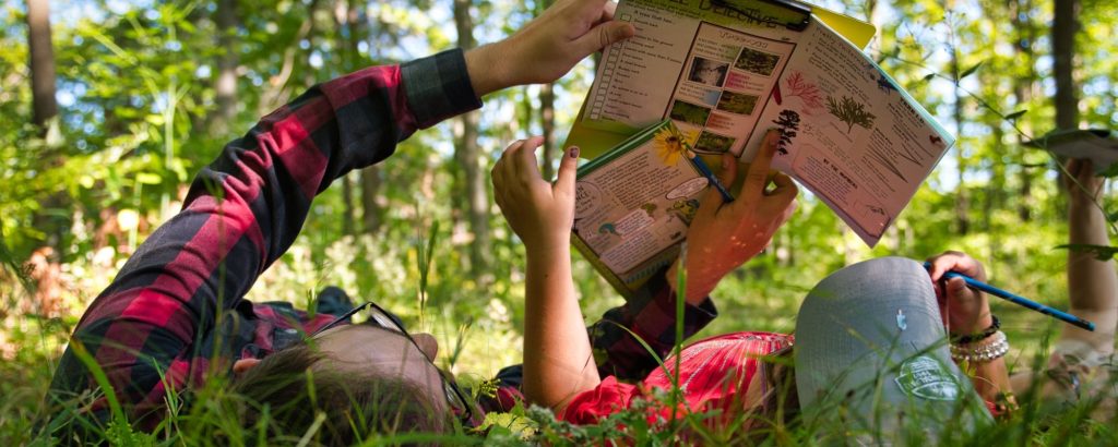 adult and child laying in grass looking up at Discovery activity book