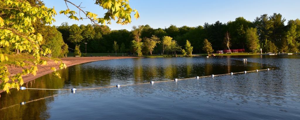 A sandy beach on a calm lake