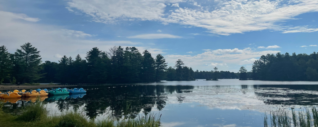 White clouds reflecting in a body of water with a dock and rentals along the grassy shoreline