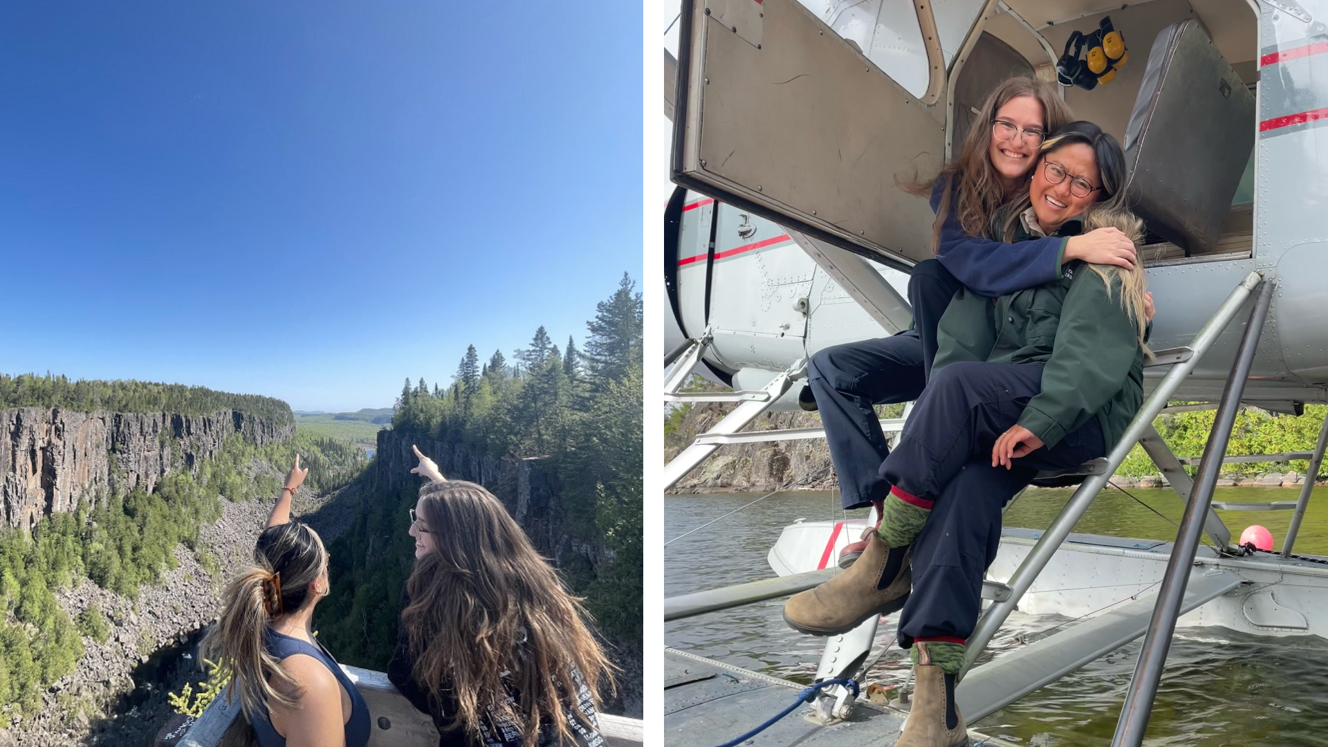 A collage of two images; on the left, Zuzanna and Alysa point out at the Ouimet Canyon, on the right, they hug each other in front of the floatplane doorway